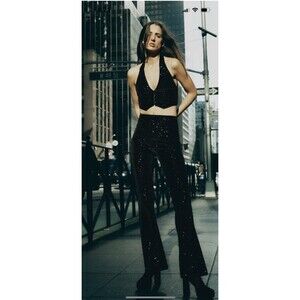 ZARA Sequin Velvet Flare Pants Black TROUSERS Festival size Small